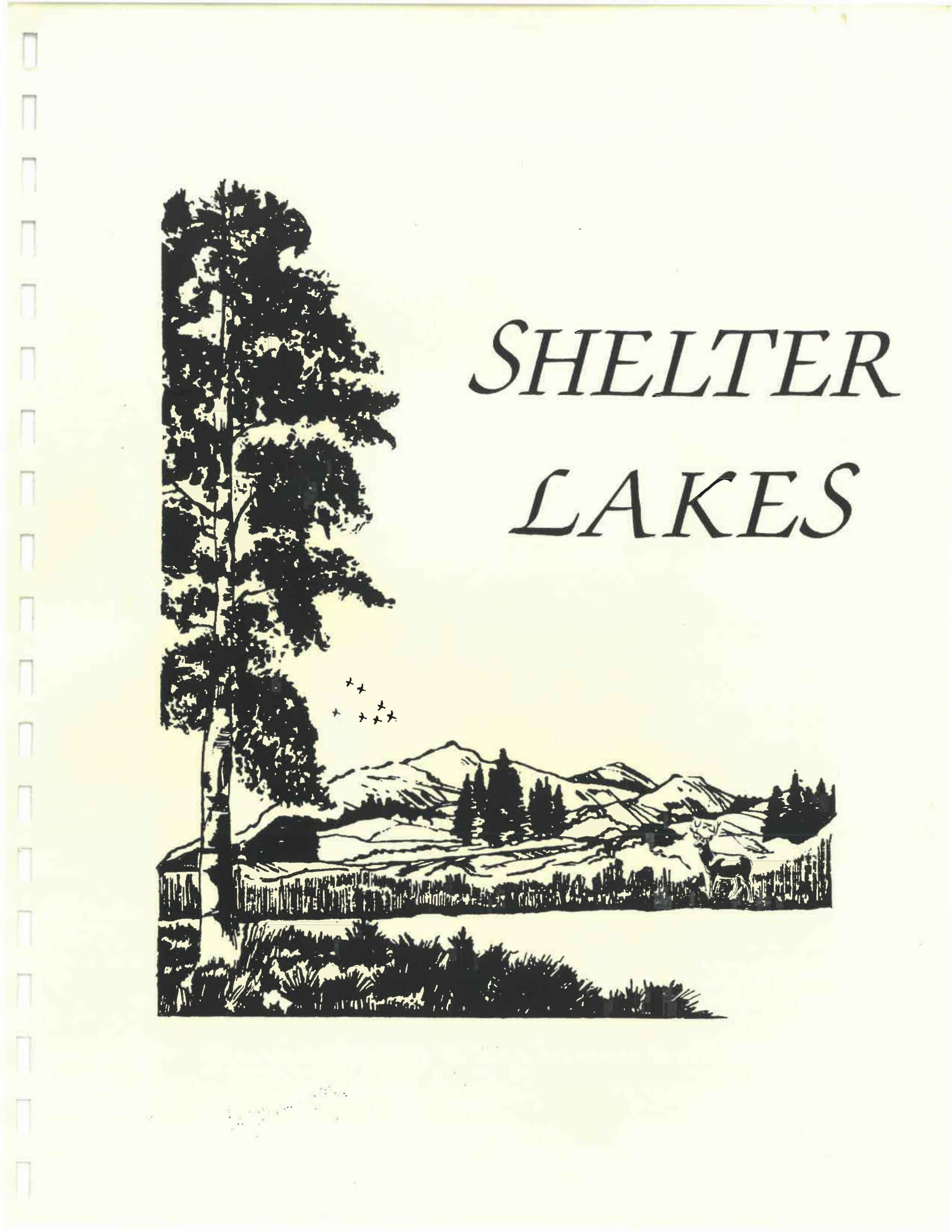 Cover page: Shelter Lakes illustration with tree, mountains, deer and birds