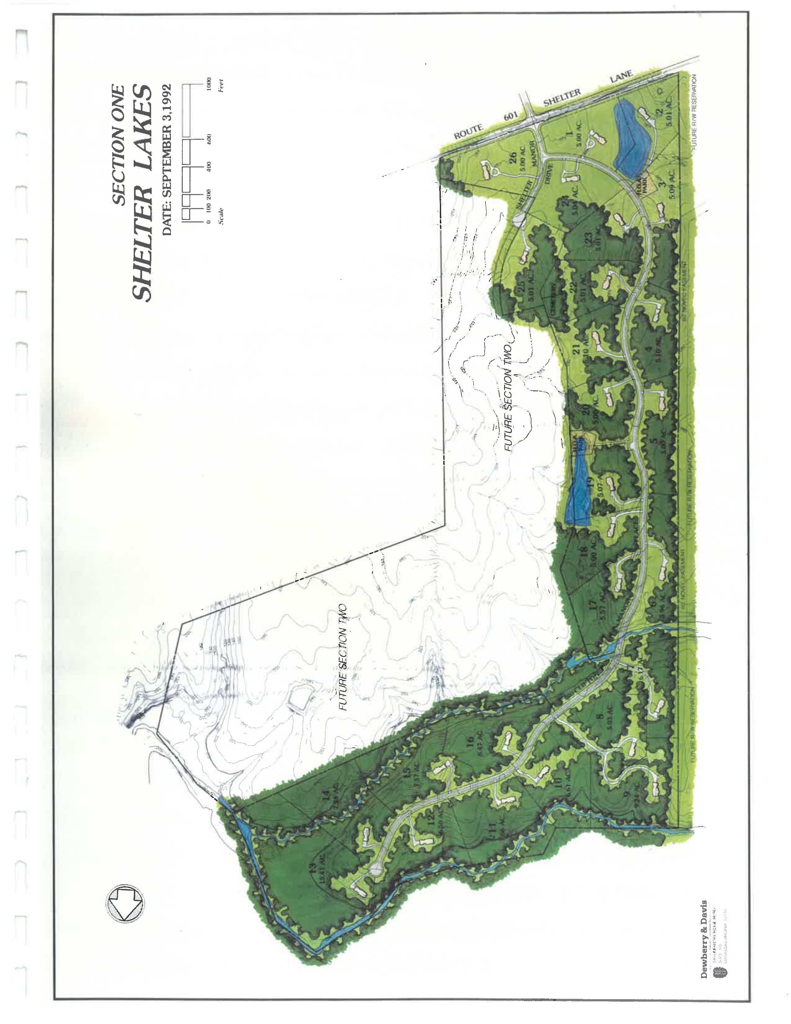 Color site plan map of Shelter Lakes Section One showing lots, roads, lakes, and future section two areas. Prepared by Dewberry and Davis, dated September 3, 1992.