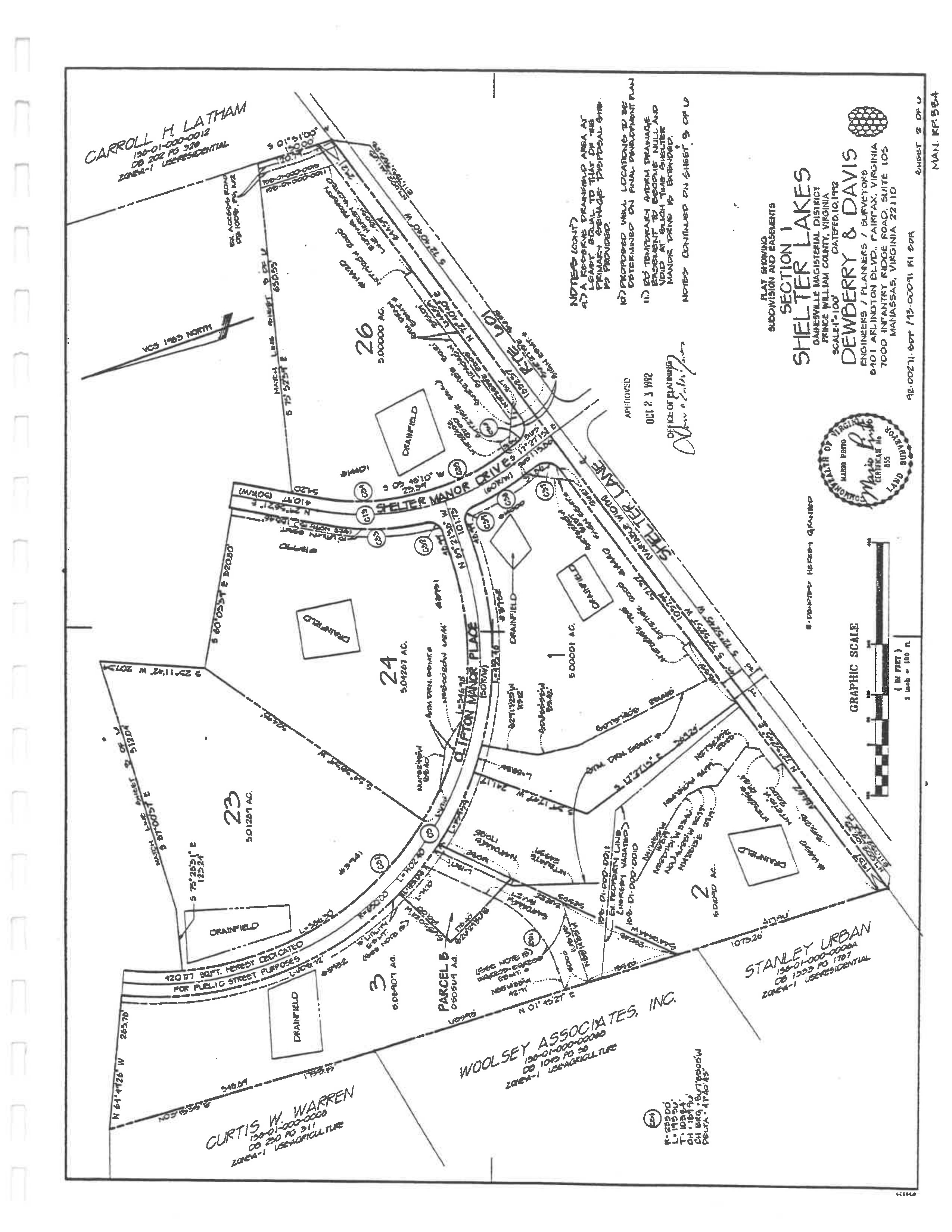 Plat sheet 2 of 5: Detailed lot layout showing Shelter Manor Drive, Clifton Manor Place, lots 23-26, Parcel B, Parcel 3, drainfields, neighboring properties Carroll H. Latham, Woolsey Associates Inc., Curtis W. Warren, Stanley Urban