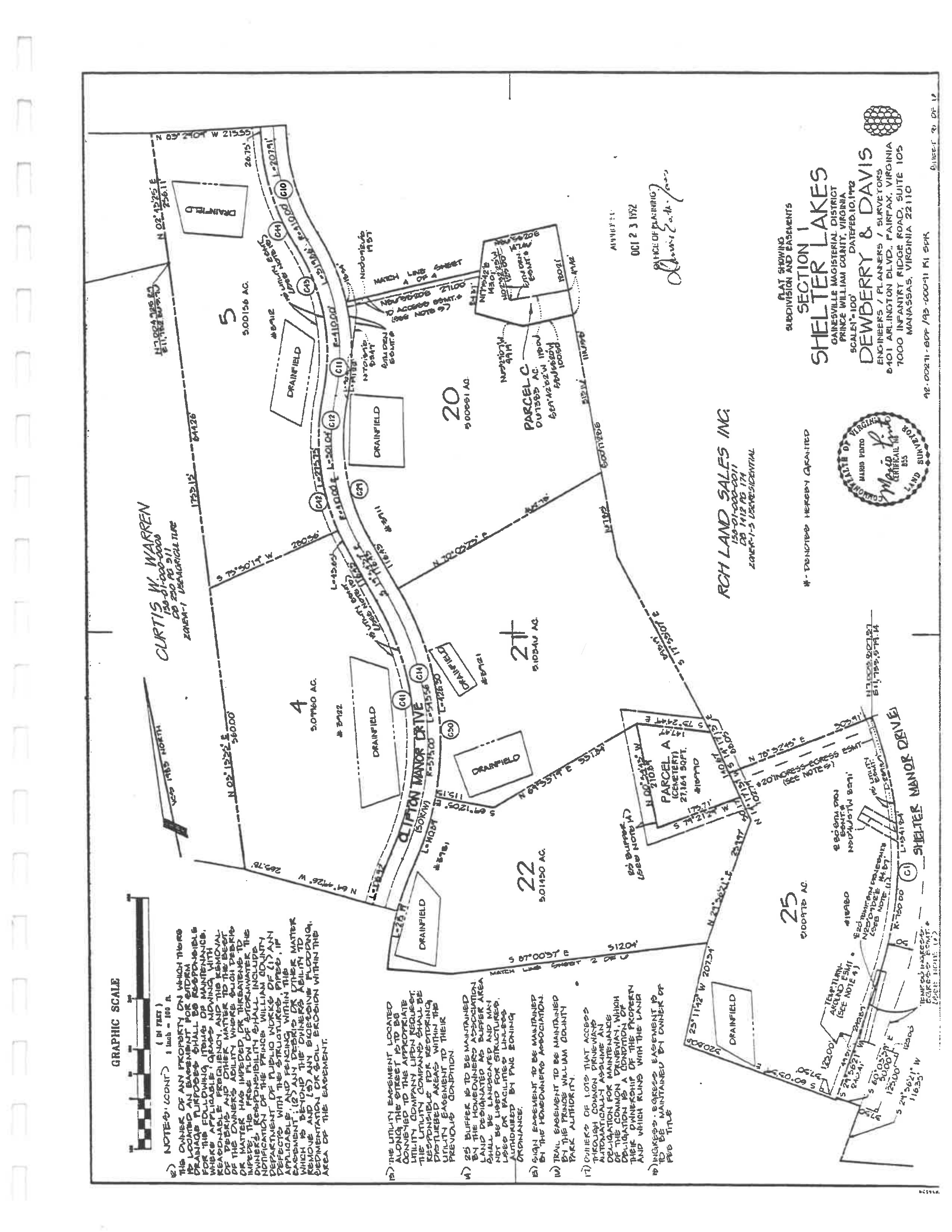 Plat sheet 3 of 5: Lots 4, 5, 20, 21, 22, 24, 25, Parcel A, Parcel C, Clifton Manor Drive, Shelter Manor Drive, Curtis W. Warren, RCH Land Sales Inc. neighboring parcels, drainfields, RPA buffers, ingress-egress easements, notes