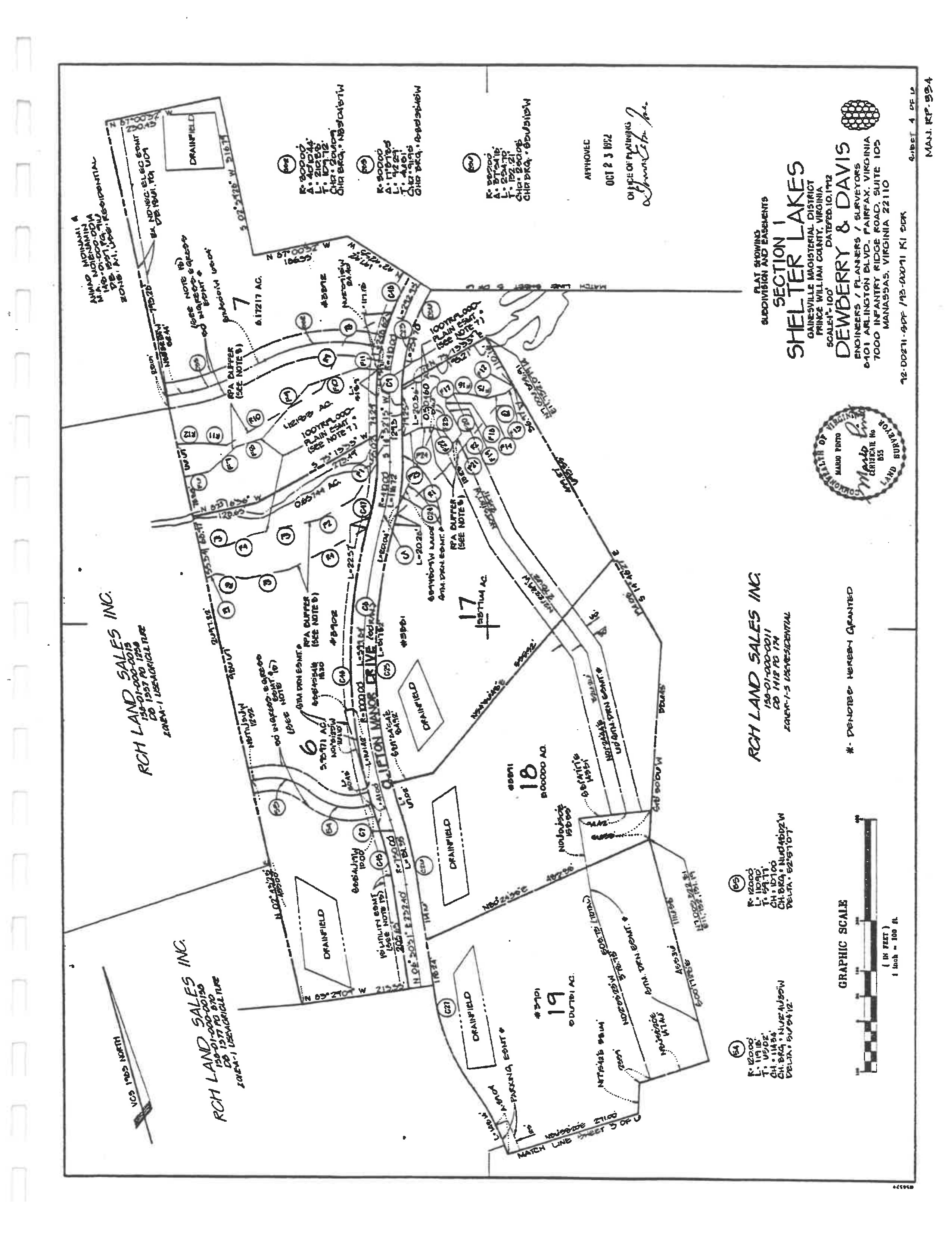 Plat sheet 4 of 5: Lots 6, 7, 17, 18, 19, Shelter Manor Drive, RCH Land Sales Inc., Ahmad Moinamin and M.A. Moienamin neighboring parcel, drainfields, RPA buffers, 100-year floodplain, parking easement Lot 19, access easement Lot 20, graphic scale