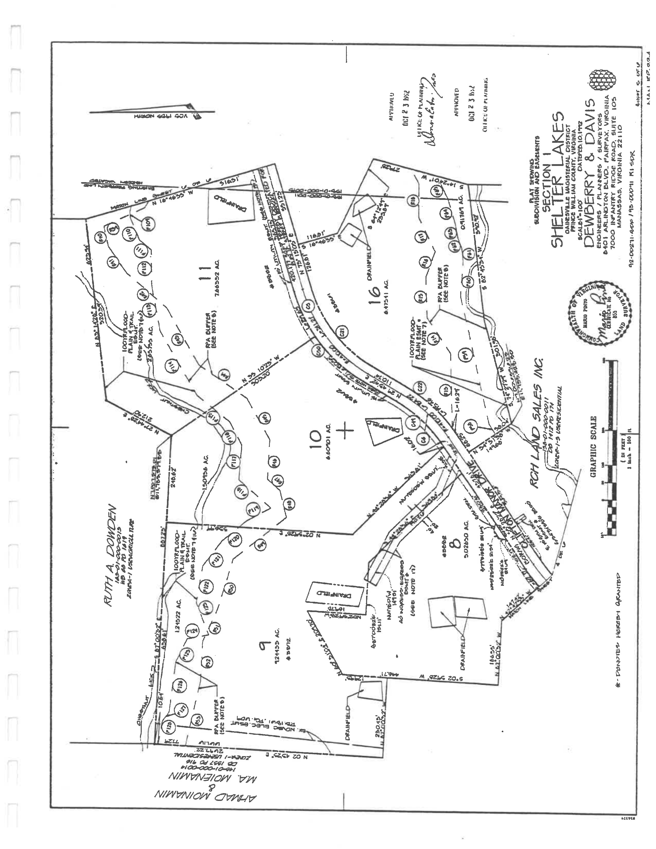 Plat sheet 5 of 5: Lots 8–16, Ruth A. Dowden neighboring parcel, Ahmad Moinamin and M.A. Moienamin neighboring parcel, drainfields, RPA buffers, 100-year floodplain, trail easement, ingress-egress easements, graphic scale