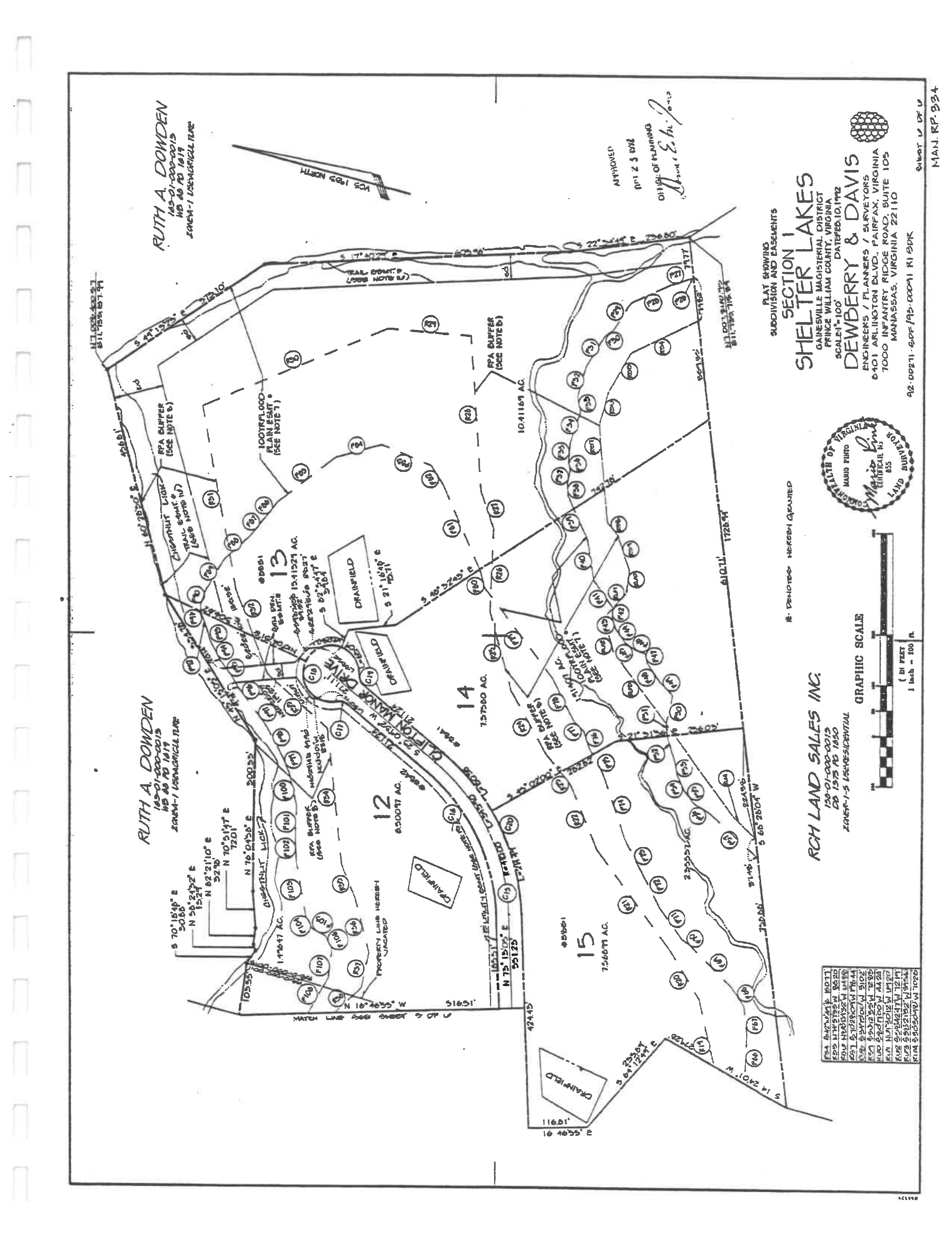Plat additional detail sheet: Lots 12–15, Ruth A. Dowden neighboring parcel, trail easement, RPA buffer, 100-year floodplain, ingress-egress easements, match lines, graphic scale, Shelter Manor Drive