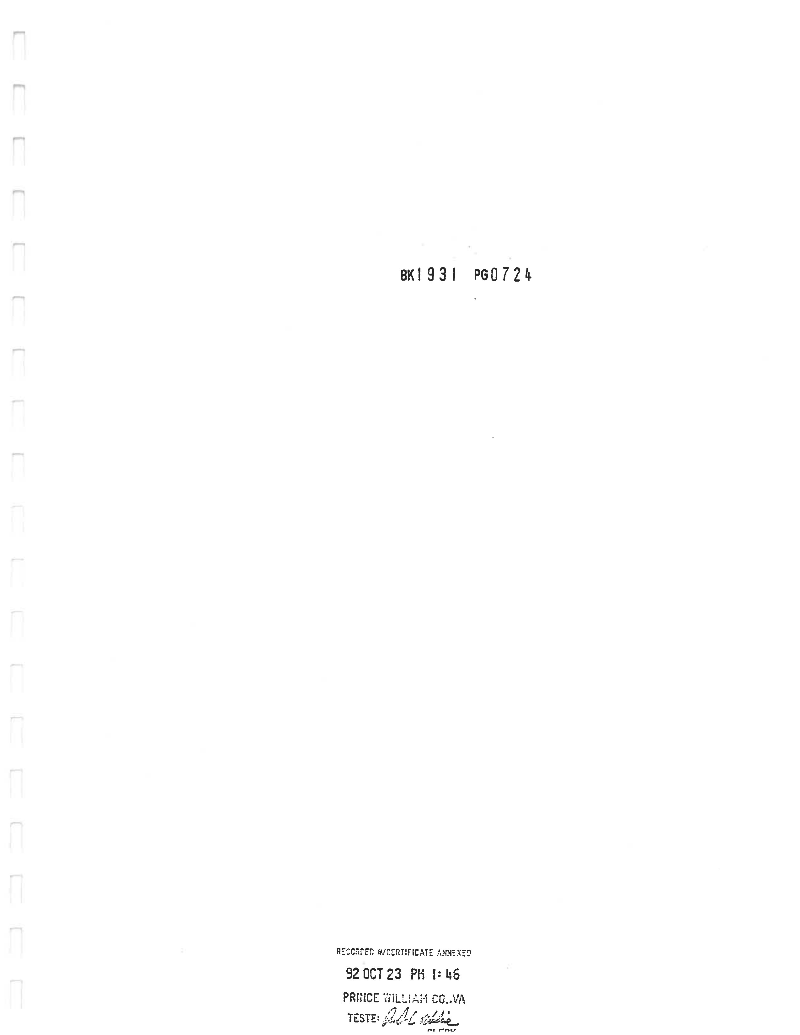 Recording certification page showing BK1931 PG0724, stamped: Recorded with Certificate Annexed, 92 OCT 23 PM 1:46, Prince William Co. VA, Teste (signature)