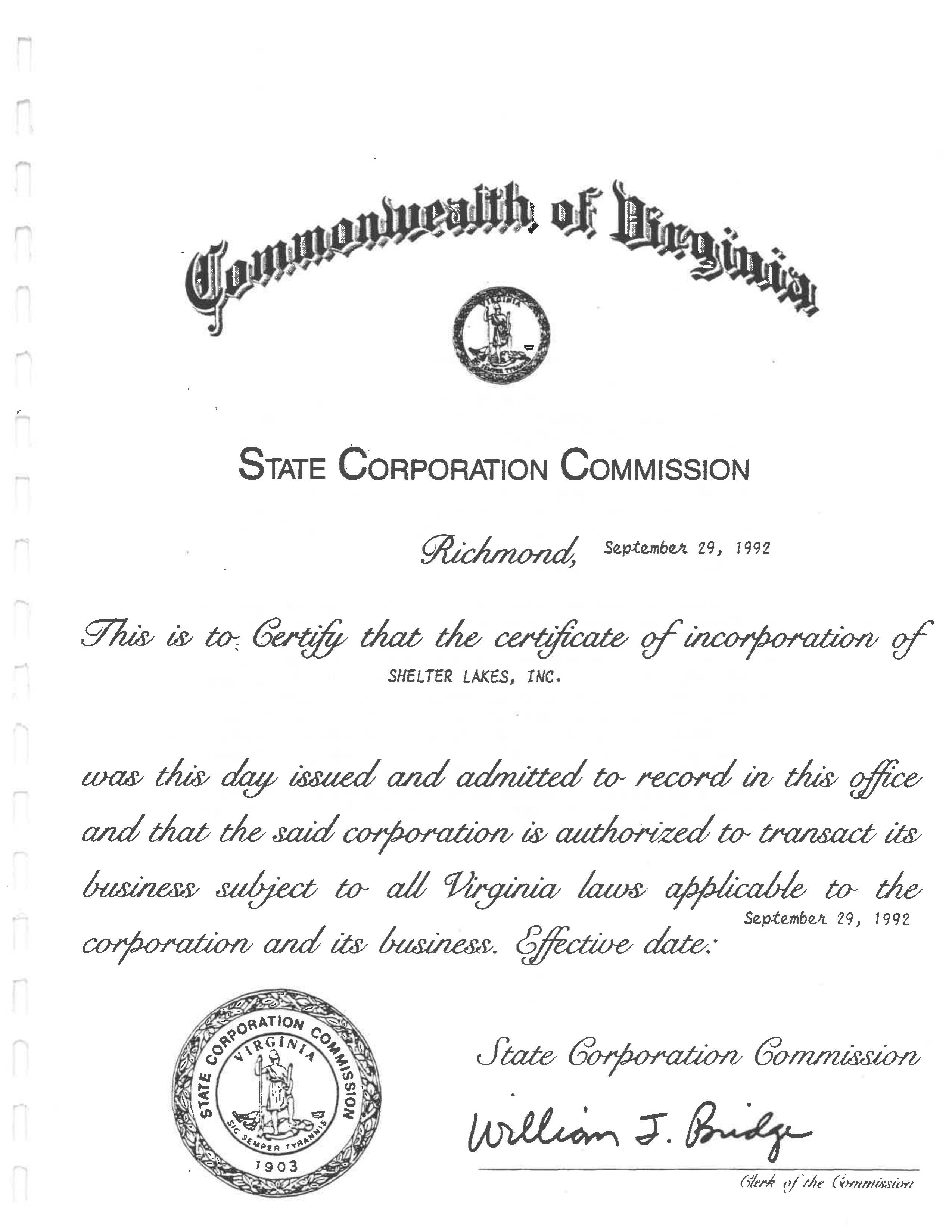 Certificate of Incorporation for Shelter Lakes, Inc., Commonwealth of Virginia, September 29, 1992