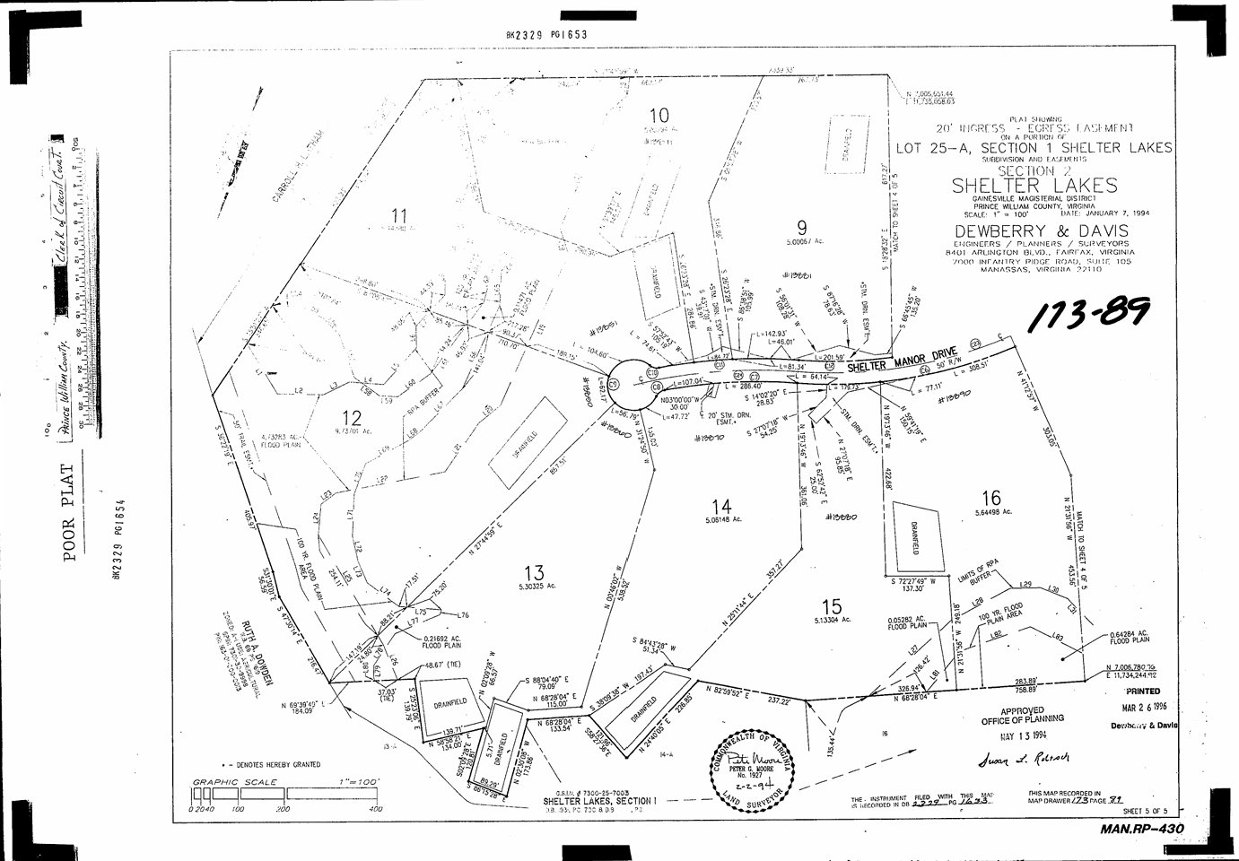 Plat Section 2 Sheet 2 of 5: Lots 1, 2, 3, 4, 23, 24, 25, Parcel A Cemetery, Shelter Manor Drive, 20-foot ingress-egress easement, storm drainage easements, Shelter Lakes Section 1 boundary, graphic scale 1 inch equals 100 feet