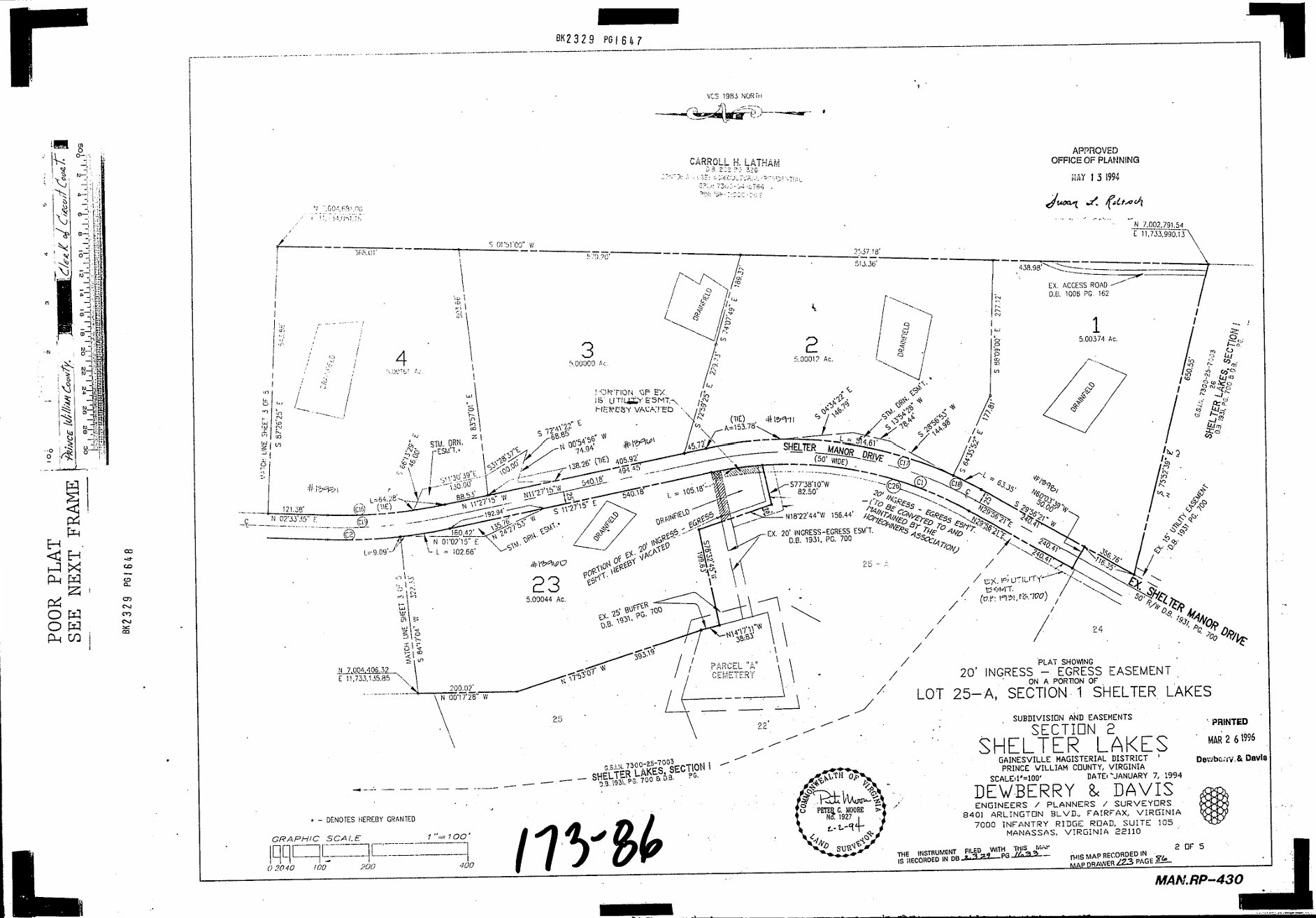 Plat Section 2 Sheet 3 of 5: Lots 5, 6, 20, 21, 22, Shelter Manor Drive, storm drainage easements, drainfields, Carroll H. Latham neighboring property, graphic scale 1 inch equals 100 feet