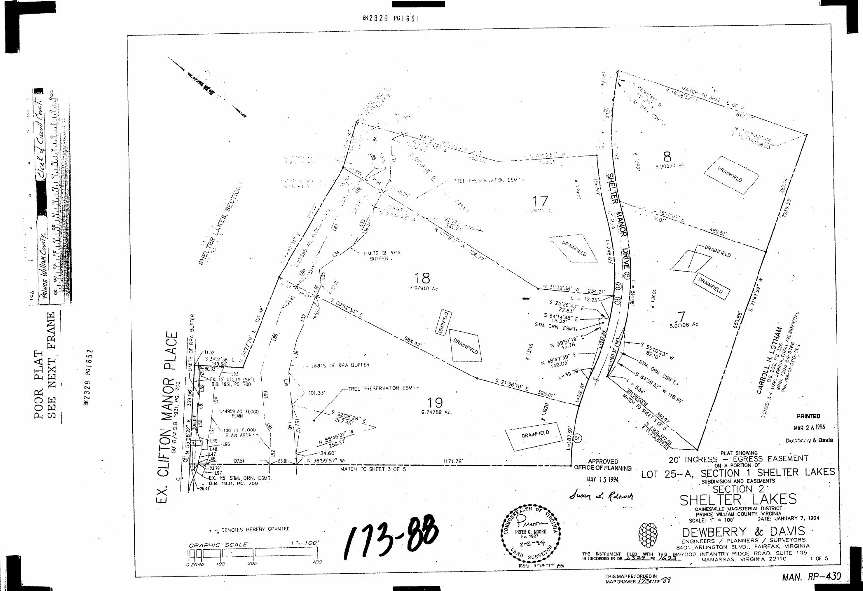 Plat Section 2 Sheet 4 of 5: Lots 7, 8, 17, 18, 19, Shelter Manor Drive, Ex. Clifton Manor Place, tree preservation easement, RPA buffer, storm drainage easements, drainfields, Carroll H. Latham neighboring property, graphic scale 1 inch equals 100 feet