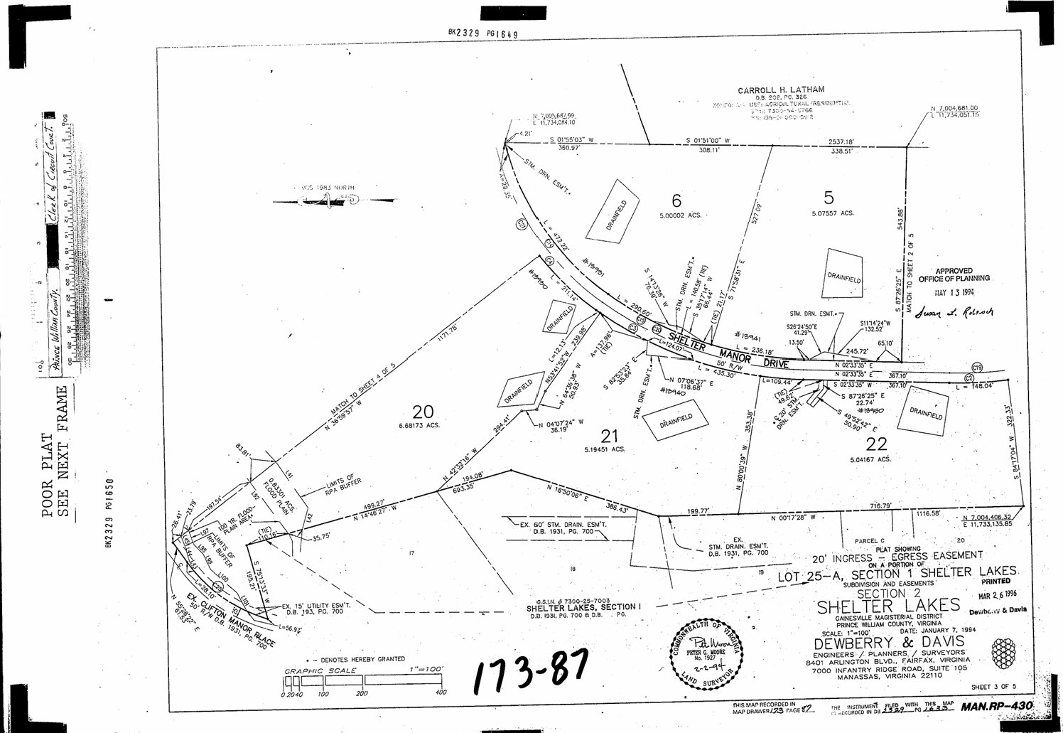 Plat Section 2 Sheet 5 of 5: Lots 9, 10, 11, 12, 13, 14, 15, 16, Shelter Manor Drive, RPA buffer, 100-year flood plain, storm drainage easements, drainfields, graphic scale 1 inch equals 100 feet